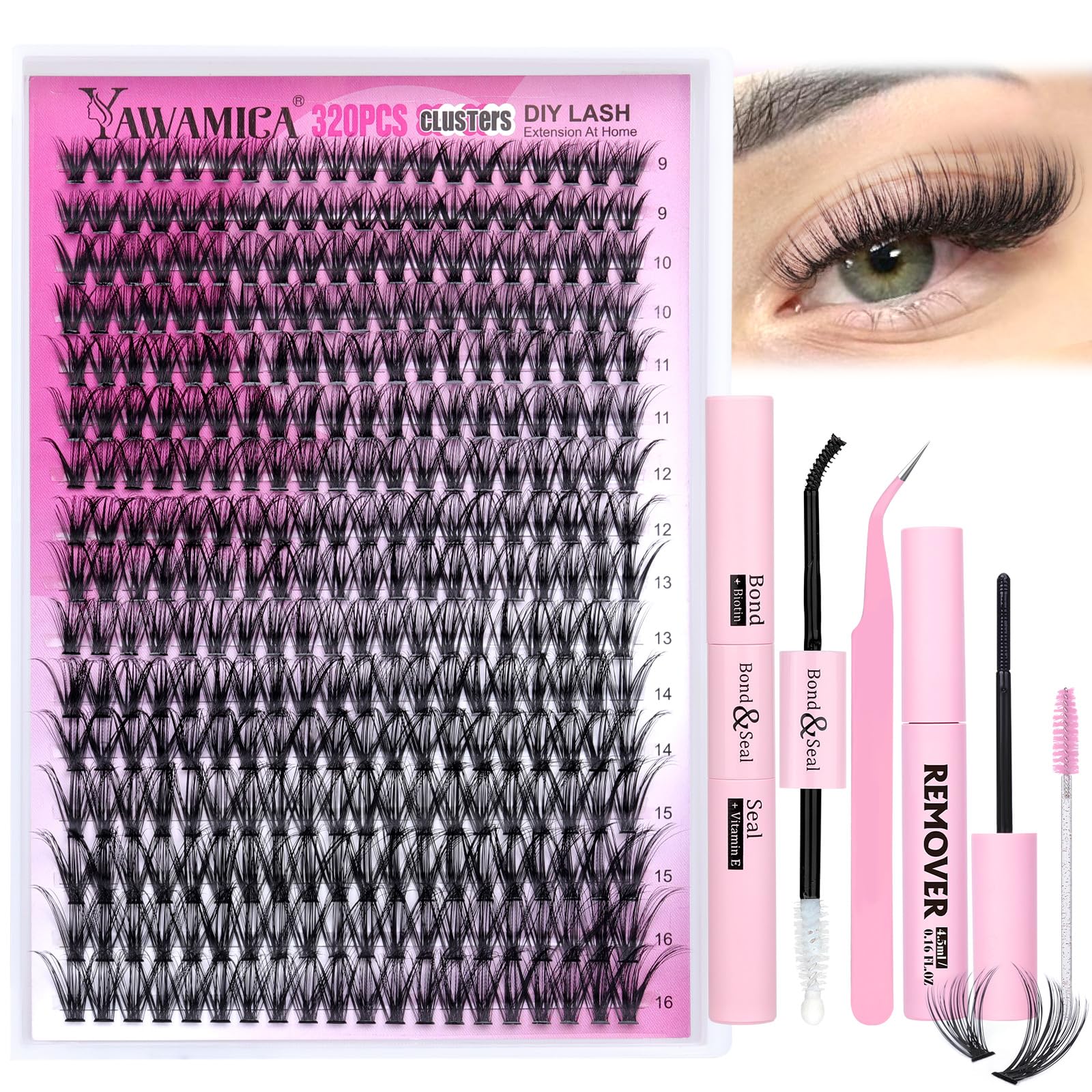 Yawamica 320pcs lash clusters for easy at-home lash extensions and customization.