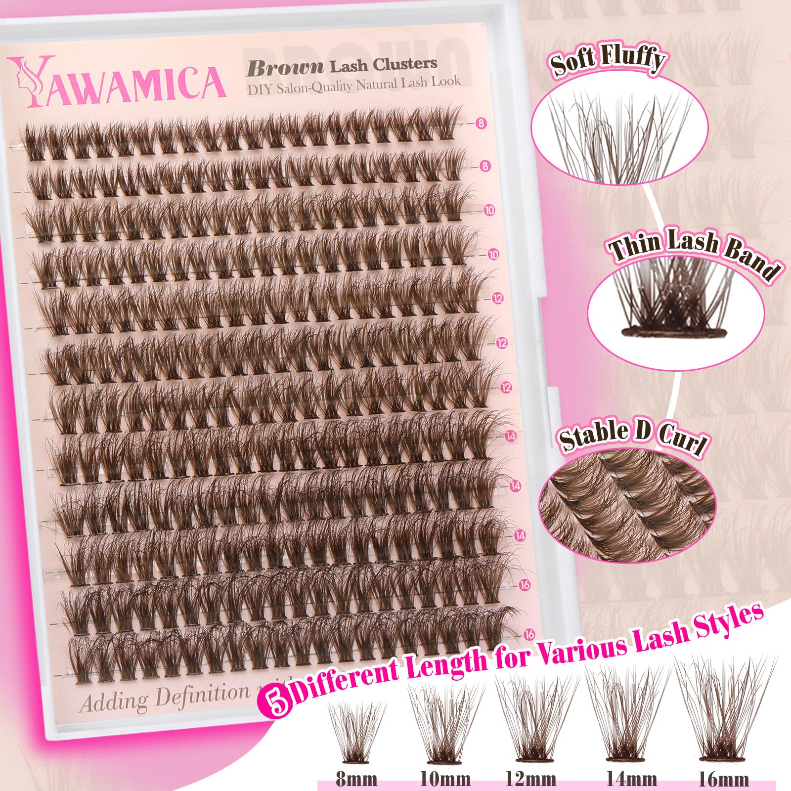 Yawamica Brown Lash Clusters Kit D-curly lashes for customizable looks.