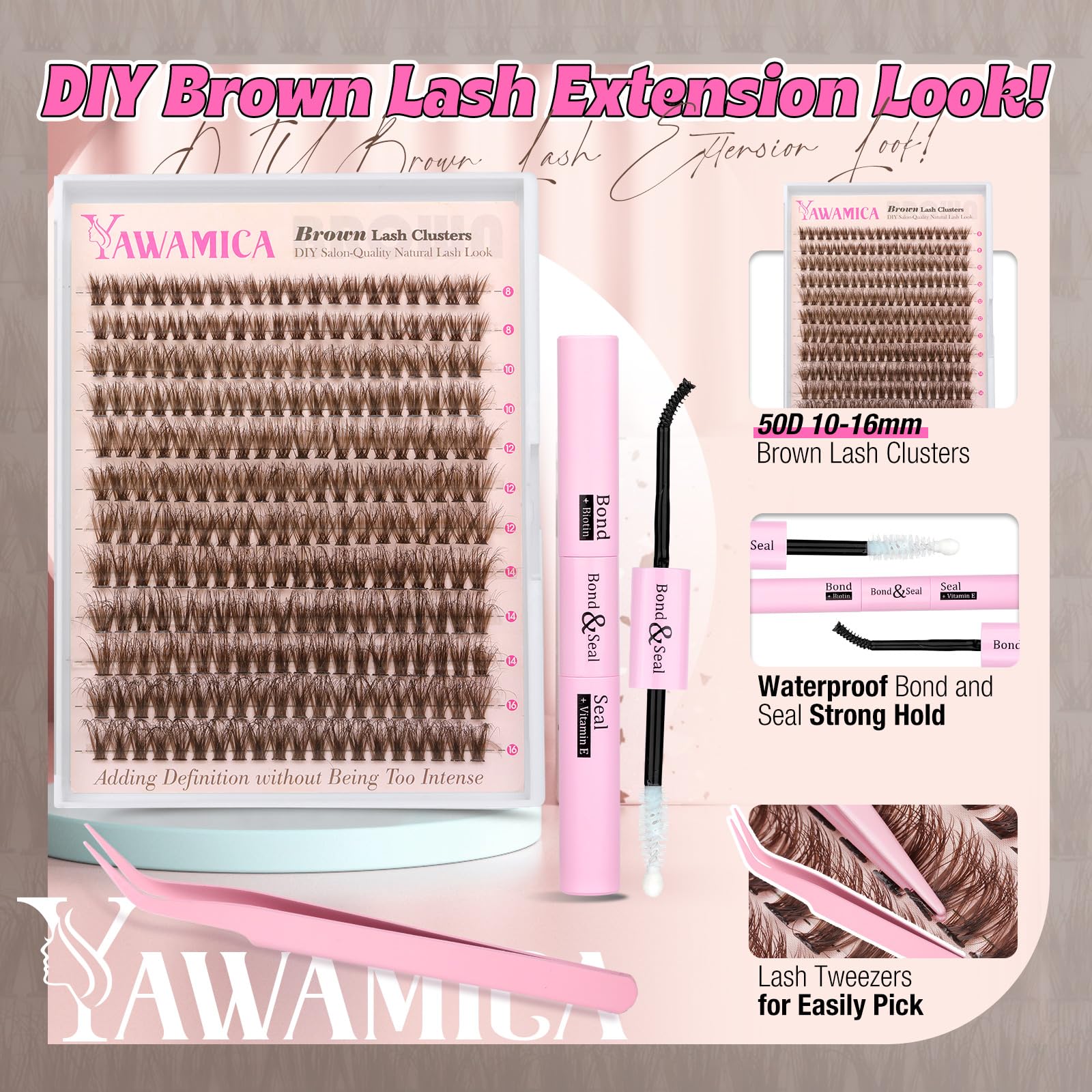 Yawamica Brown Lash Clusters Kit 240 brown clusters displayed in 10-16mm sizes.