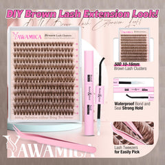 Yawamica Brown Lash Clusters Kit 240 brown clusters displayed in 10-16mm sizes.
