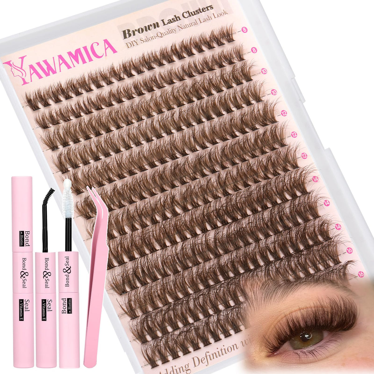 Yawamica Brown Lash Clusters Kit packaging shows full contents for at-home lash DIY.