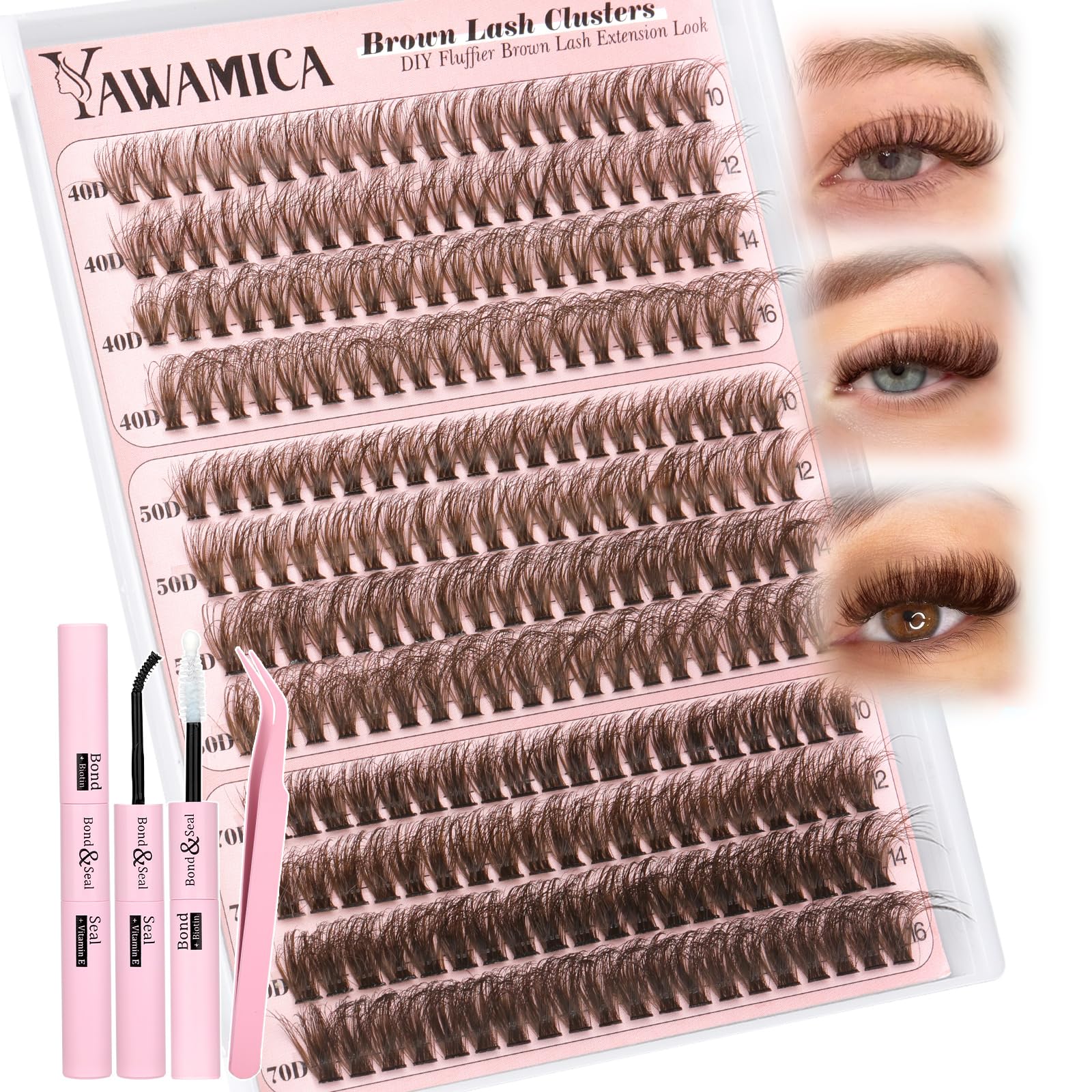 Yawamica Brown Lash Clusters Kit packaging for an at-home lash routine