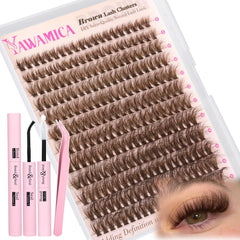 Yawamica Brown Lash Clusters Kit packaging shows full contents for at-home lash DIY.