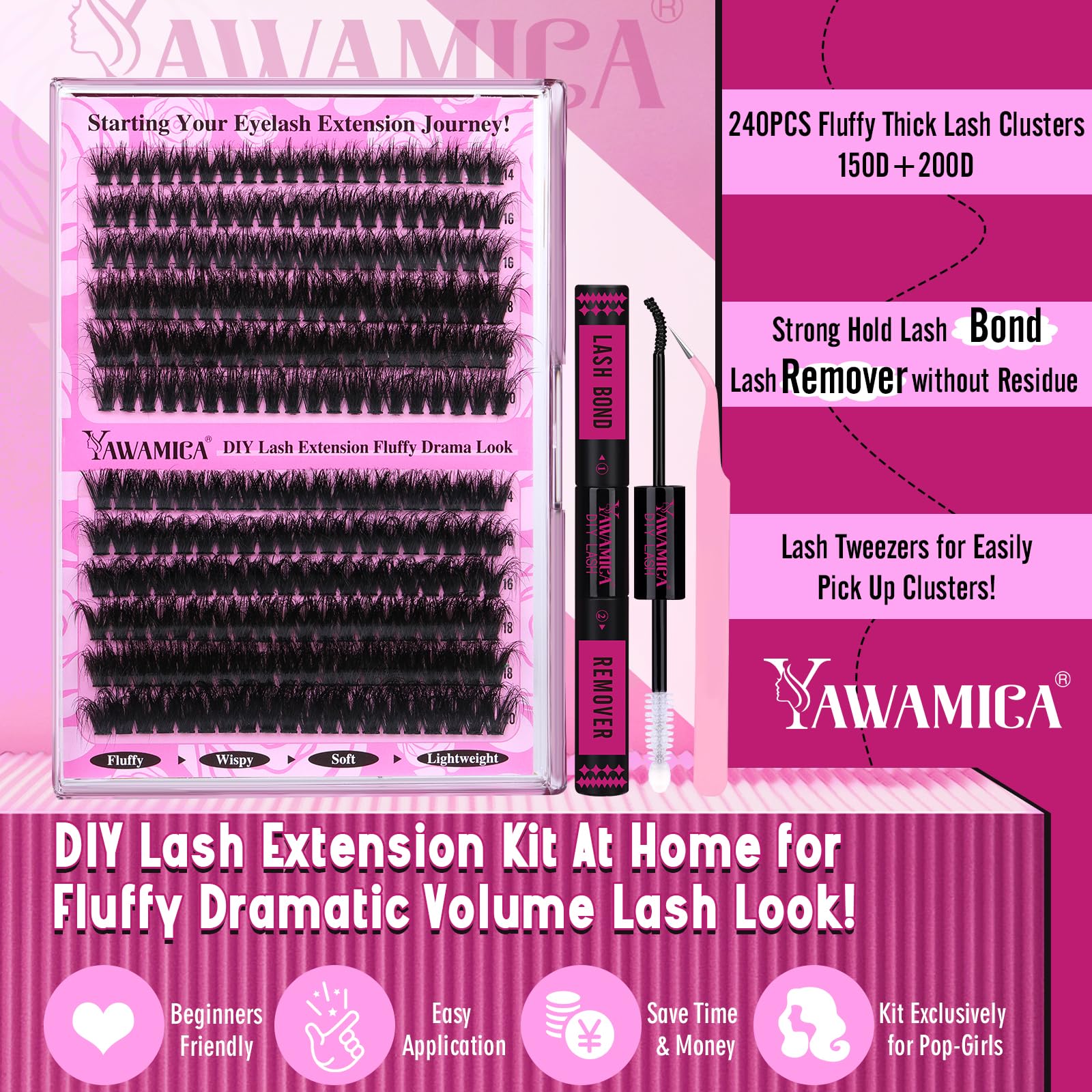Yawamica D-Curl Fluffy Clusters 14-20mm in action for wispy lashes