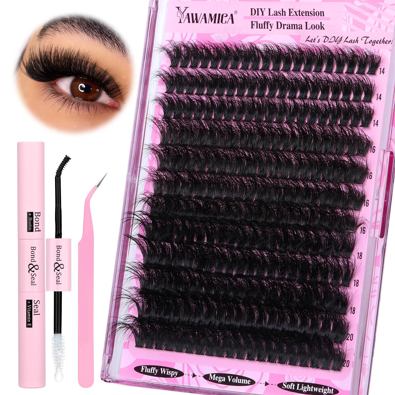 Yawamica Fluffier Lash Extension Kit contents arranged for at-home lash application
