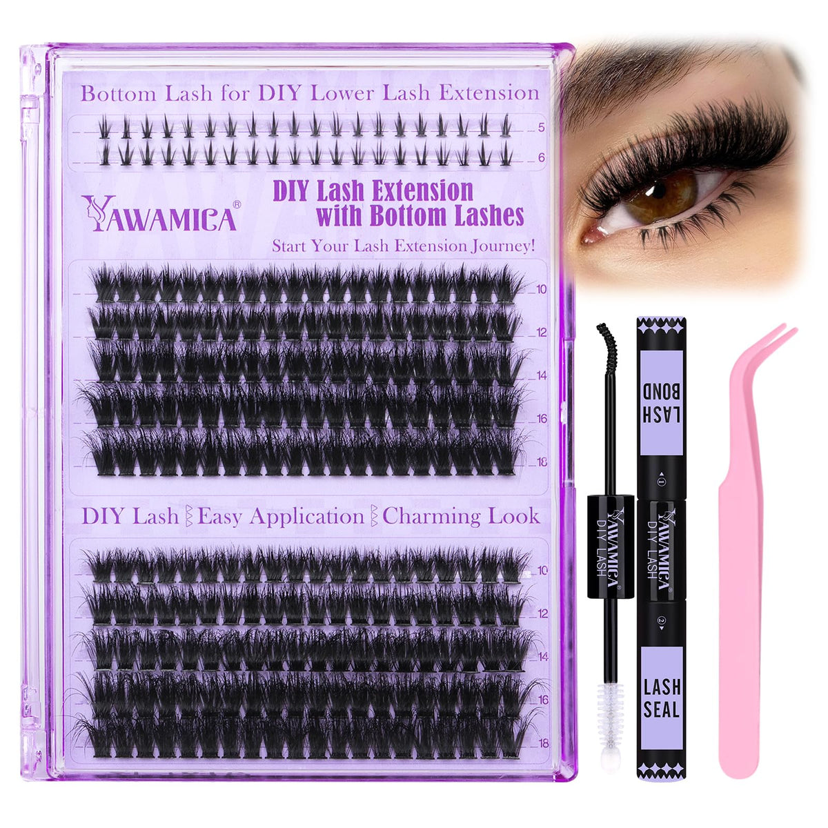 Yawamica lash clusters kit packaging highlights a complete at-home lash set for beginners.