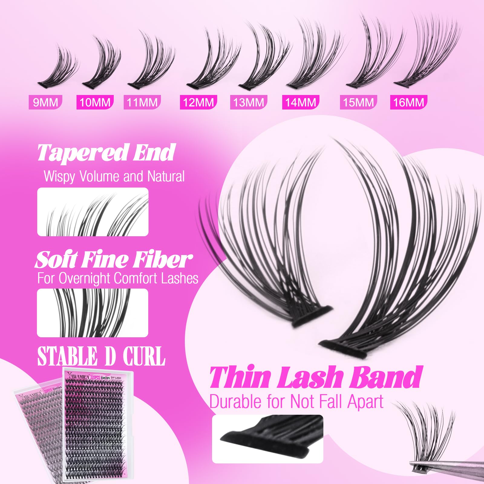 Yawamica lash tweezers ensure precise application for clean cluster placement.