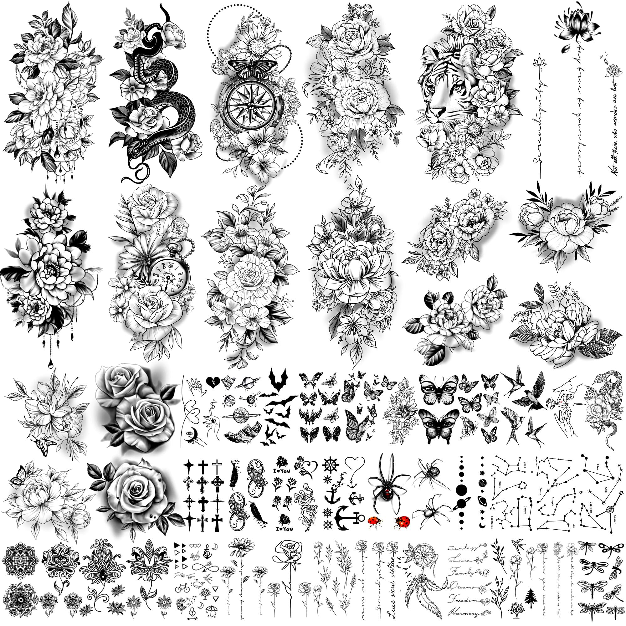 Yazhiji temporary tattoo flowers large collection on arm layout offers long-lasting, eye-catching body art.
