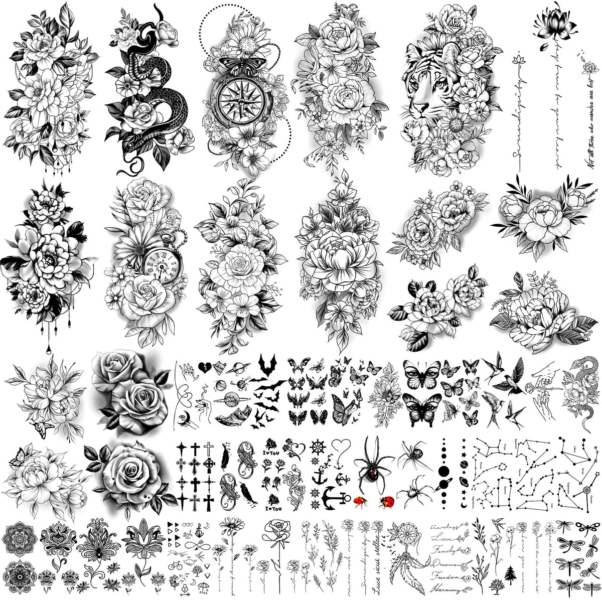 Yazhiji temporary tattoo flowers large collection on arm layout offers long-lasting, eye-catching body art.