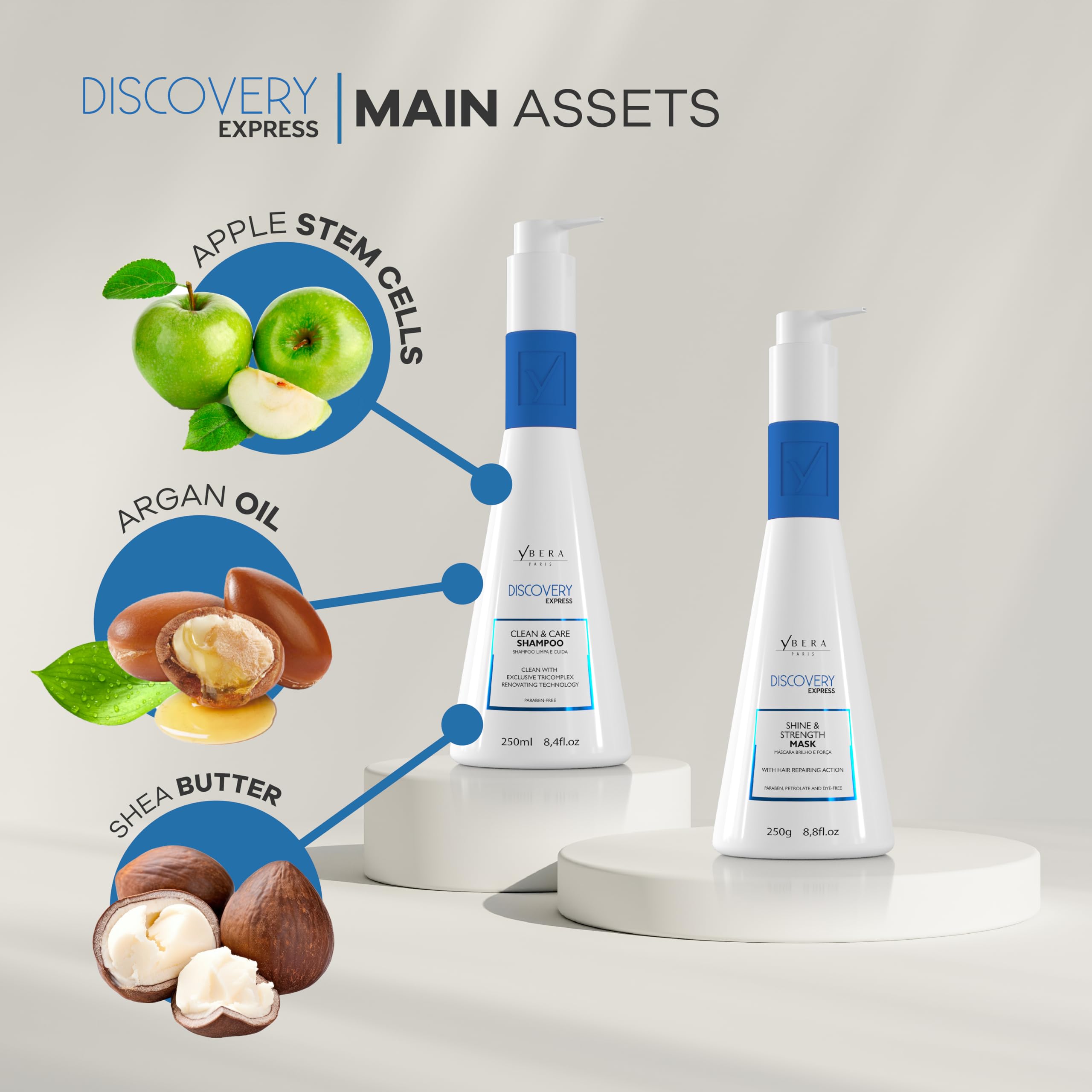 YBERA PARIS Discovery Home Care Express highlights wheat protein and argan oil ingredients.