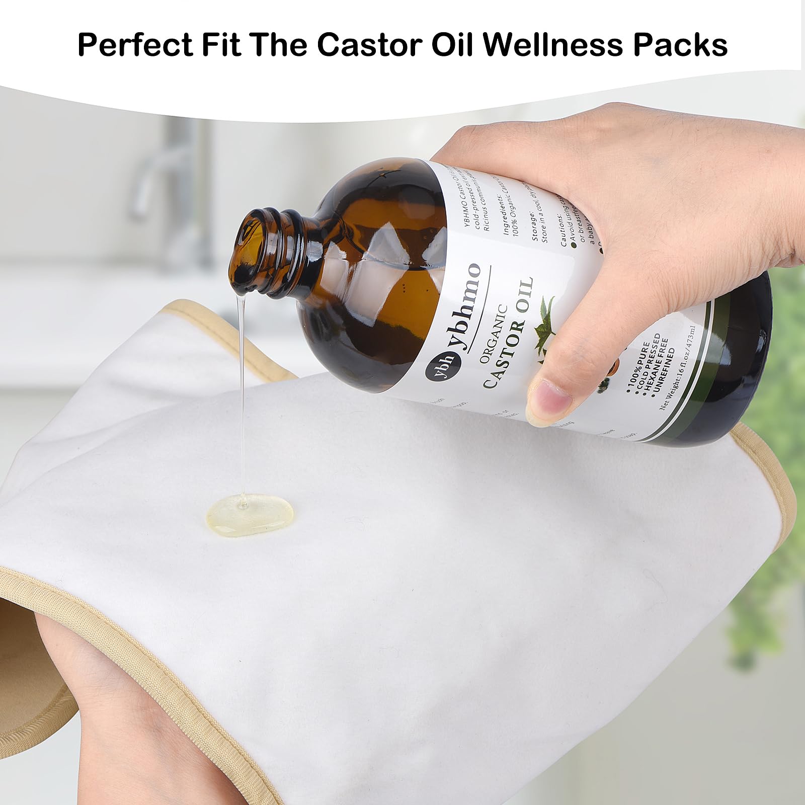 YBHMO castor oil pack application demonstrates spa-like comfort for abdomen or joints.