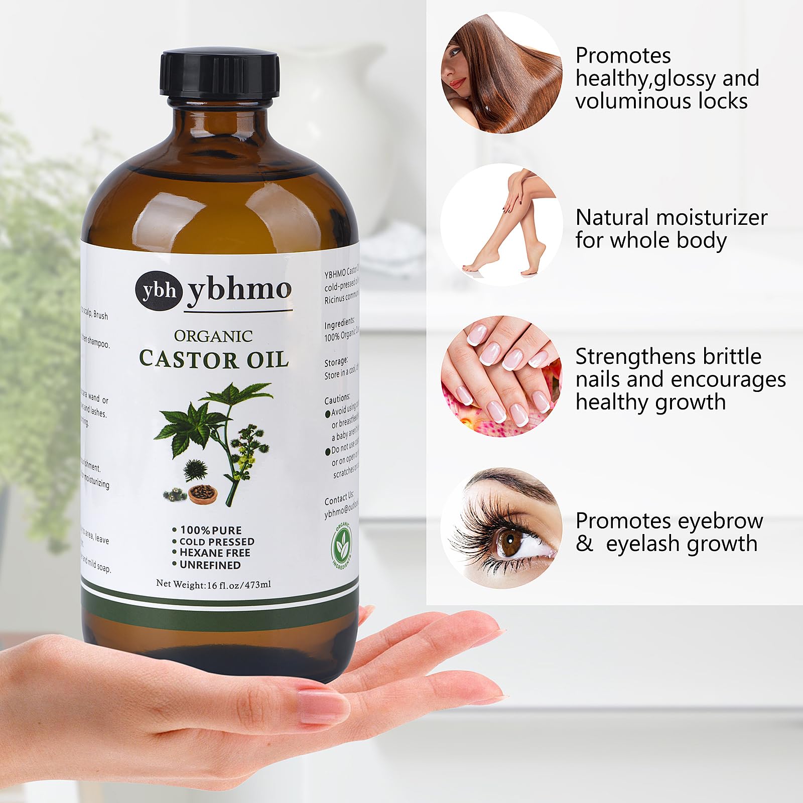 YBHMO eyelash and eyebrow care castor oil emphasizes conditioning benefits.