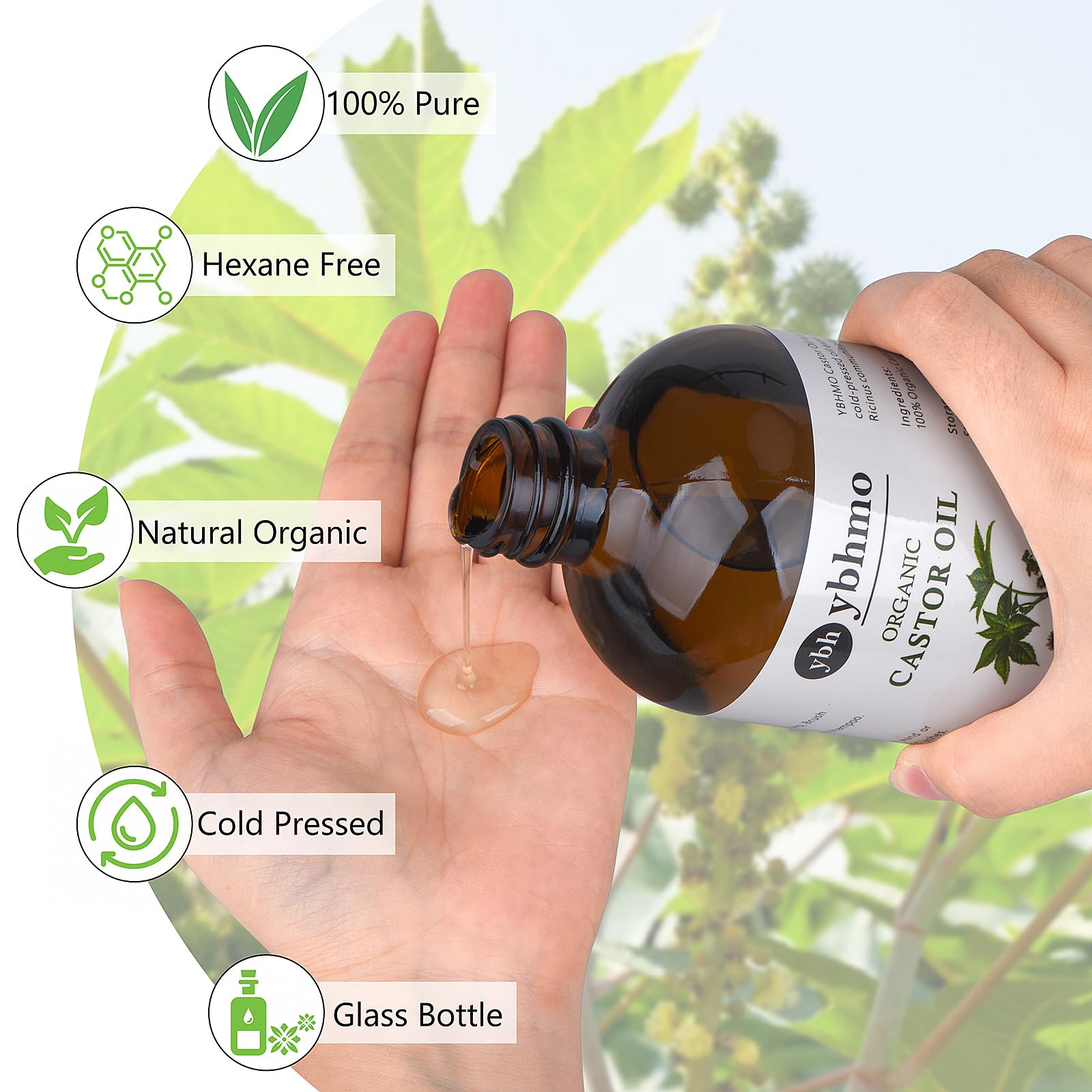 YBHMO organic castor oil glass amber bottle highlighting premium storage for long-lasting purity.