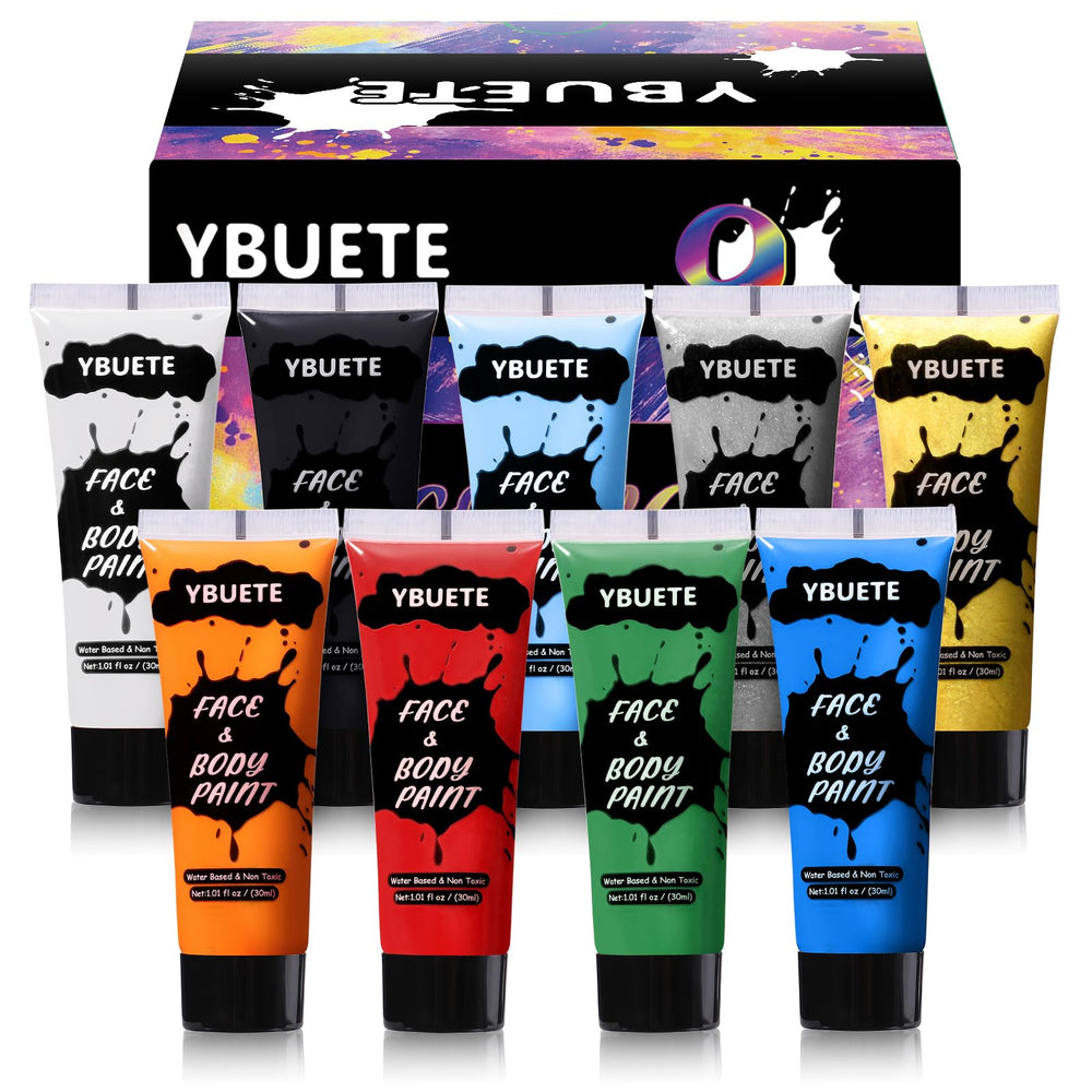 YBUETE 9 color face and body paint swatches show vibrant palette for bold cosplay looks.