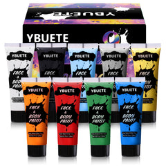 YBUETE 9 color face and body paint swatches show vibrant palette for bold cosplay looks.