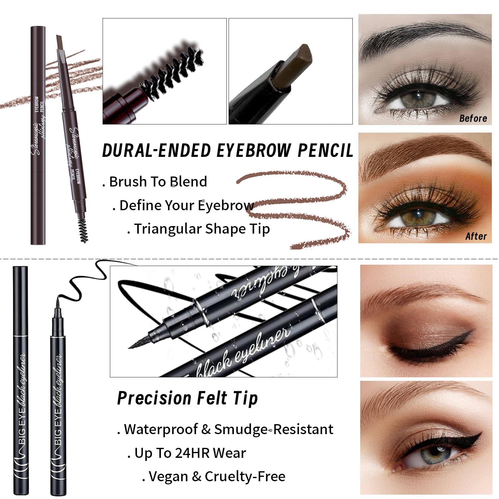 YBUETE eyebrow pencil eyeliner dual-ended image shows defined brows and liner precision.