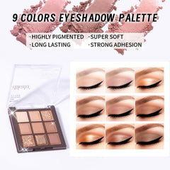 YBUETE eyeshadow palette 9 colors closeup highlights vibrant shades for versatile looks.