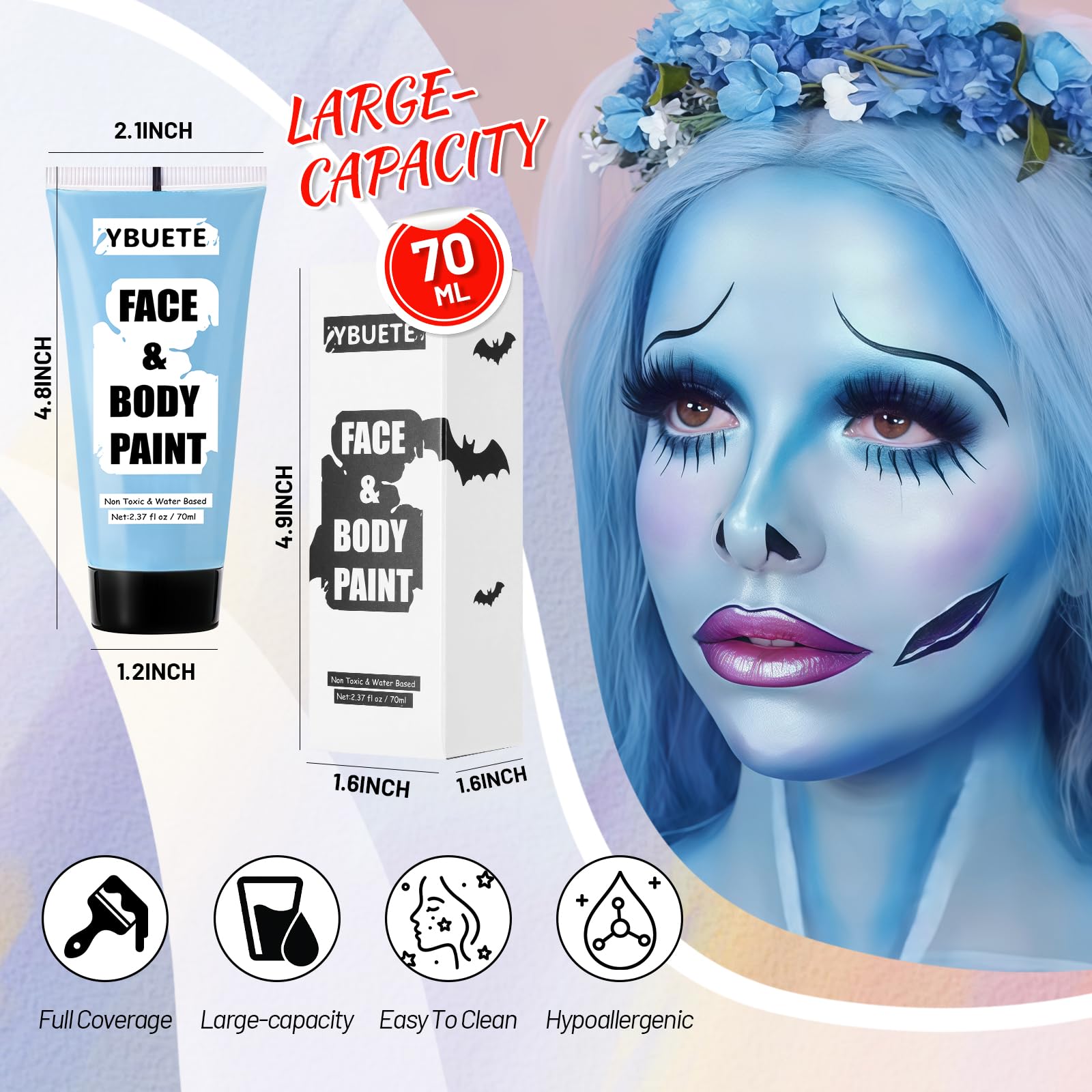 YBUETE light blue paint swatch on skin shows vibrant color and smooth blend