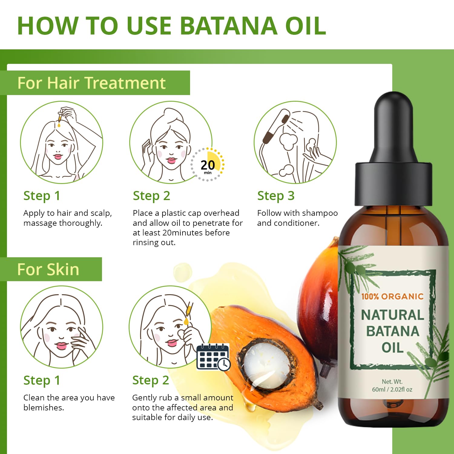 YBW Batana Oil aplicación nocturna para cuidado continuo del cabello.
