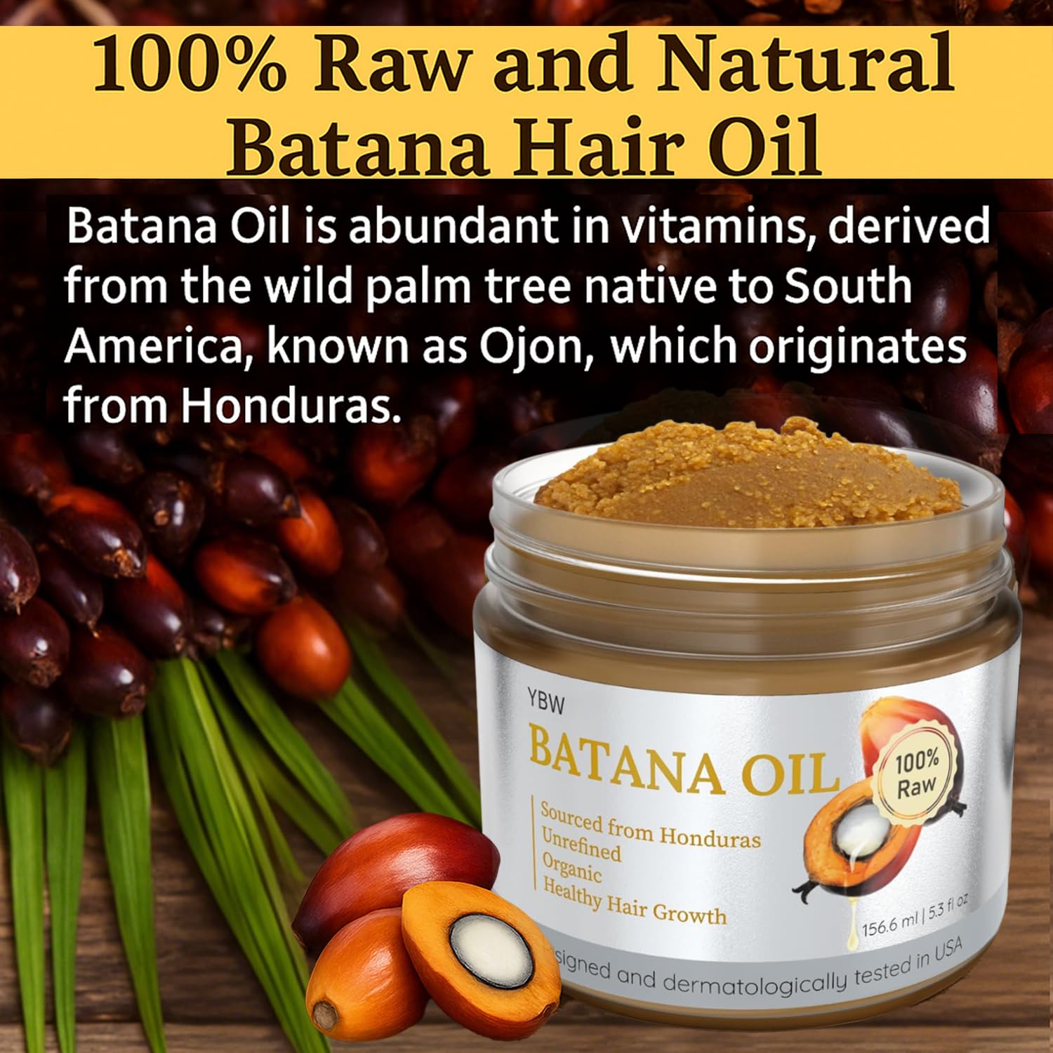 Raw ingredients of YBW Batana Oil sourced sustainably for enhanced hair health.
