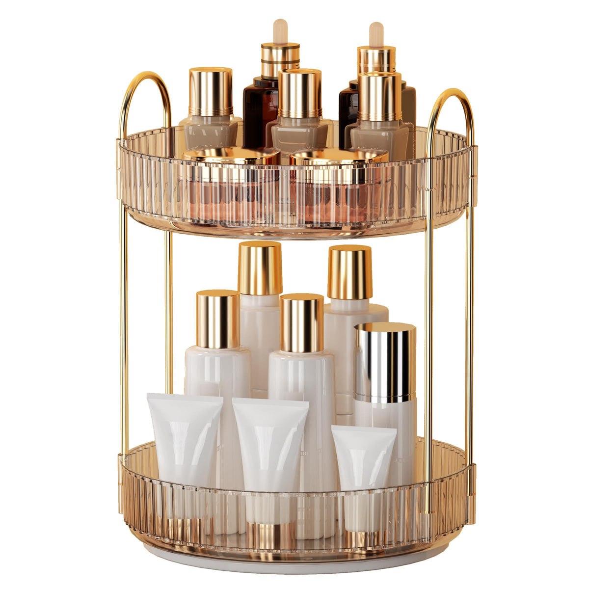 YCIA&DONE amber gold 360 rotating makeup organizer front view for easy access to daily cosmetics