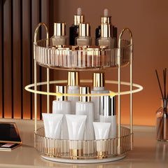 YCIA&DONE amber gold top view showing layered storage and tidy vanity setup