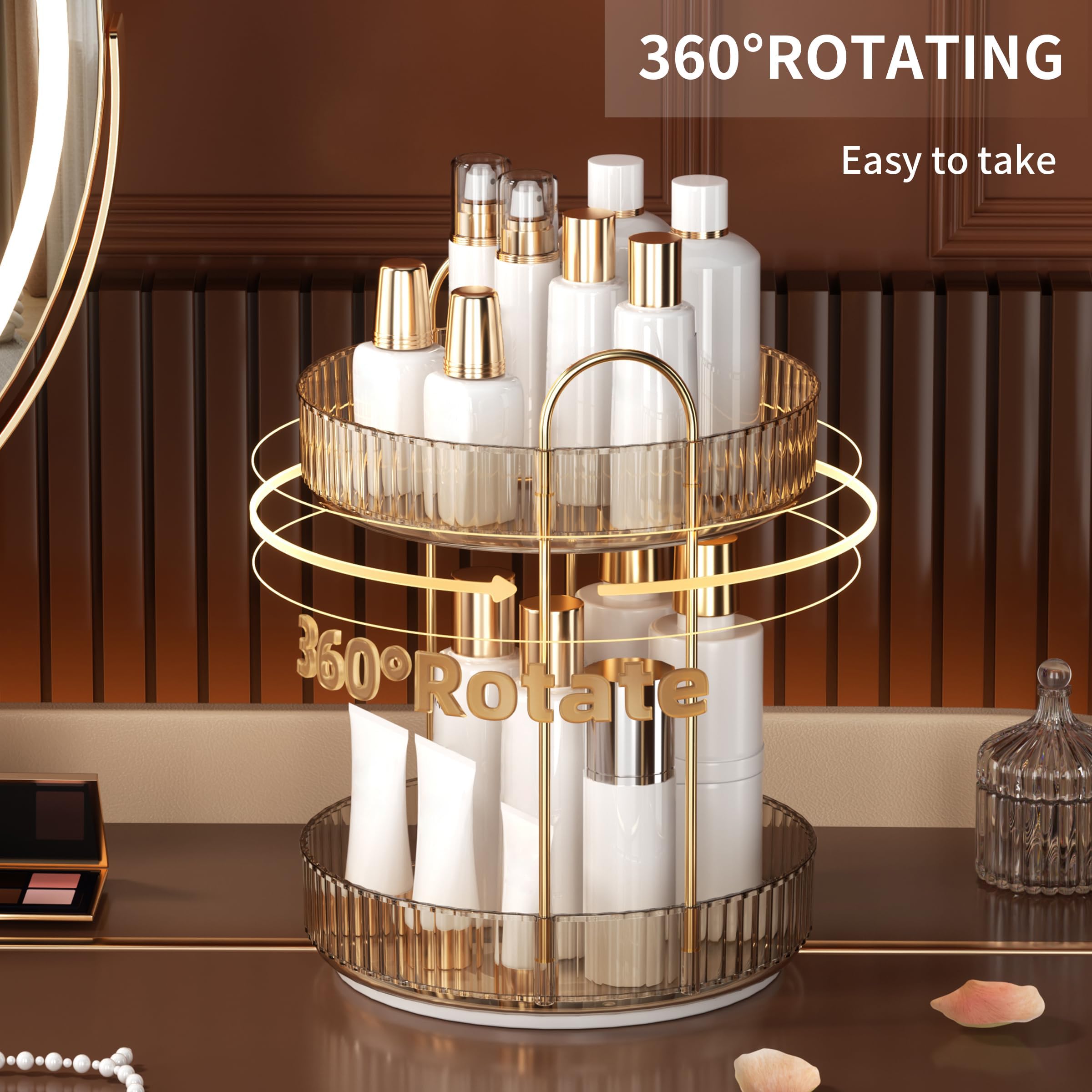 YCIA&DONE amber gold two-layer layout demonstrates high-capacity cosmetic storage
