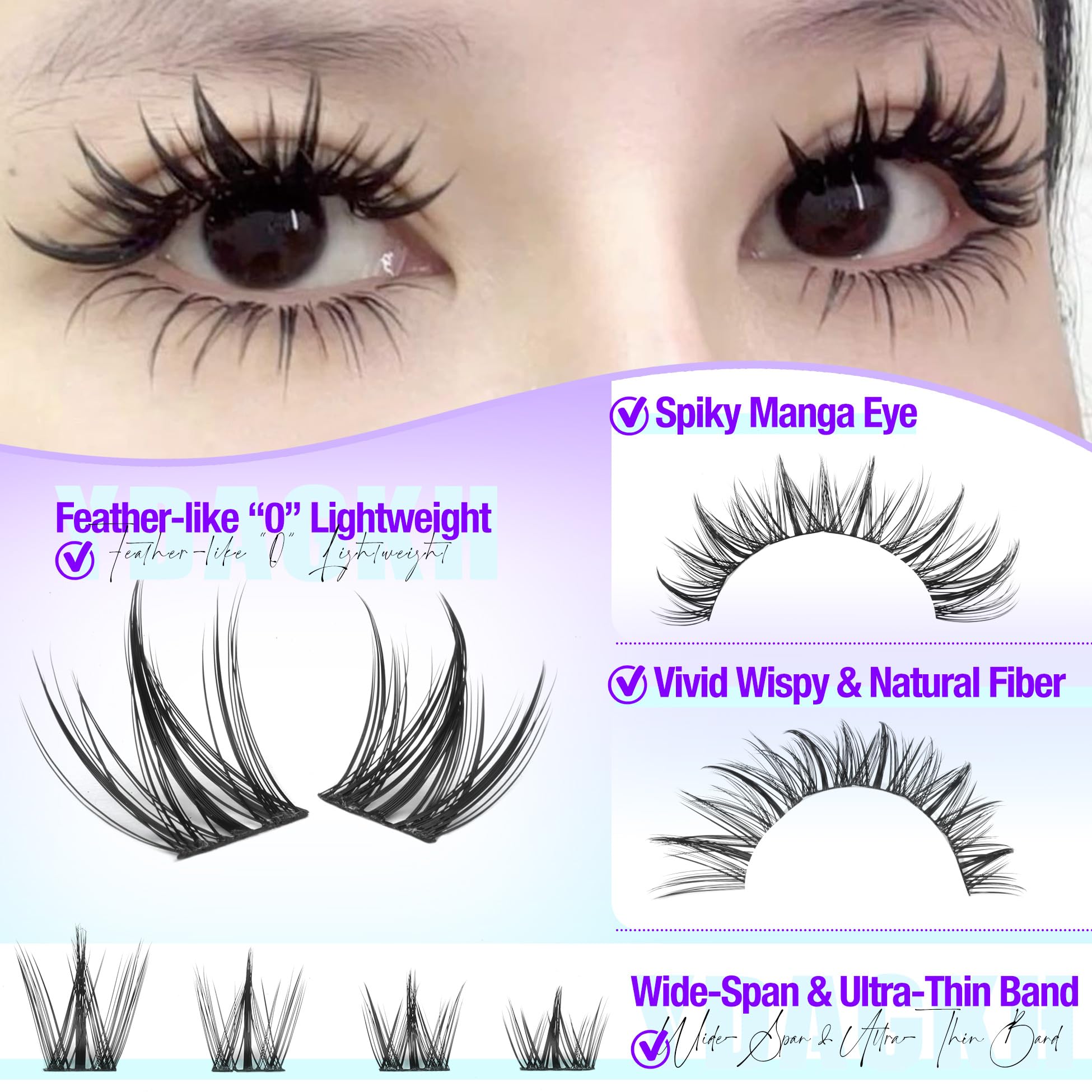 YDAGKH Lash Clusters close-up reveals tapered spikes for dramatic anime-style eyes.