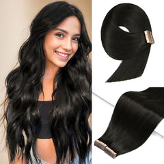 YDDM tape-in extensions 14 inch natural black pack closeup for fuller length