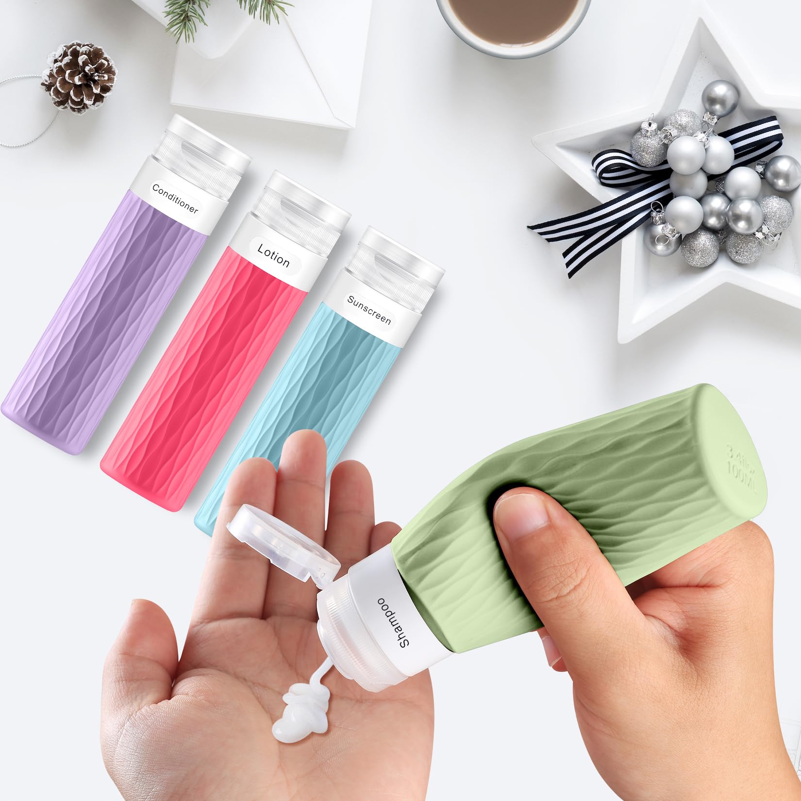 YEALIFE refillable bottles with grooves for easy labeling and organization.