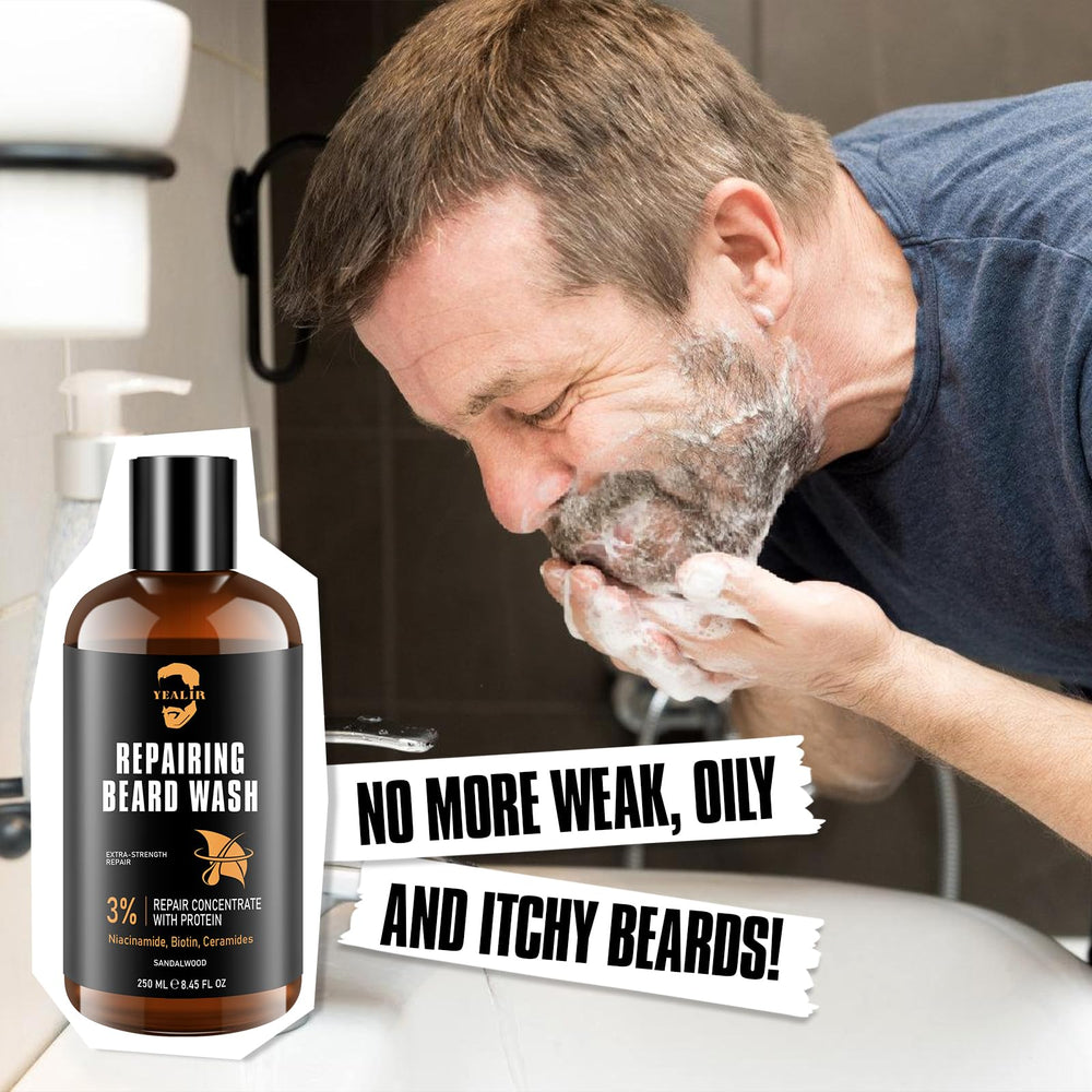 YEALIR beard wash application scene shows easy lather for clean beard