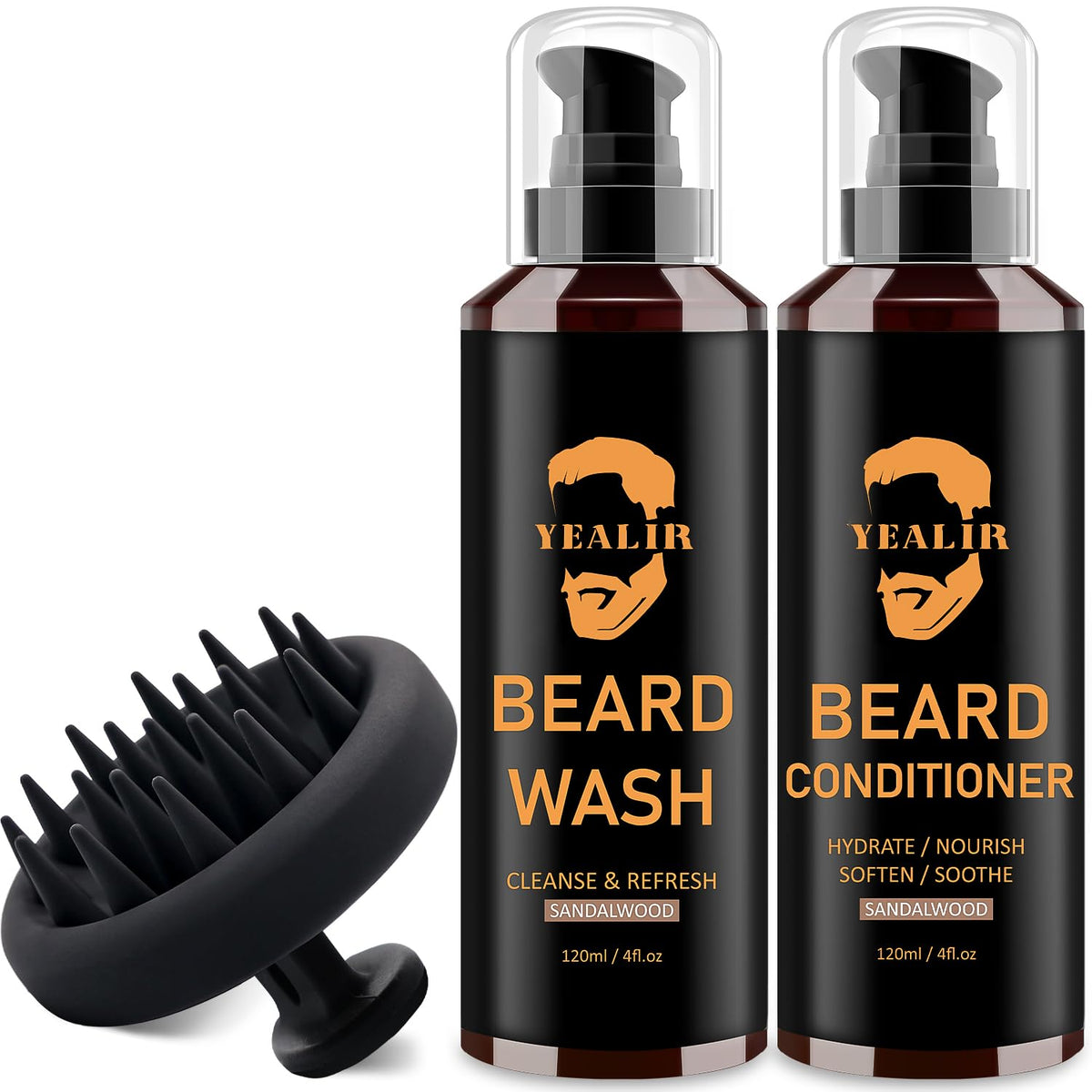 YEALIR beard wash bottle close-up shows gentle cleansing for sensitive skin.
