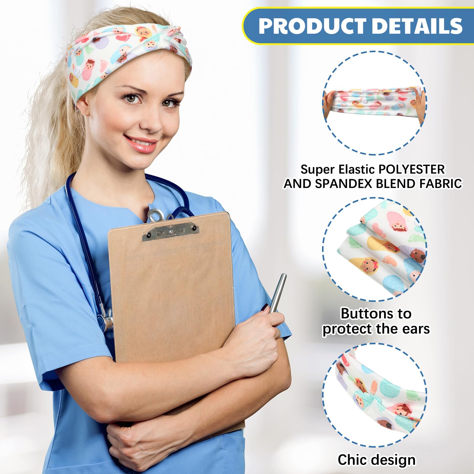 Yearntown nurse headbands feature ultrasound and baby-footprint patterns for daily wear