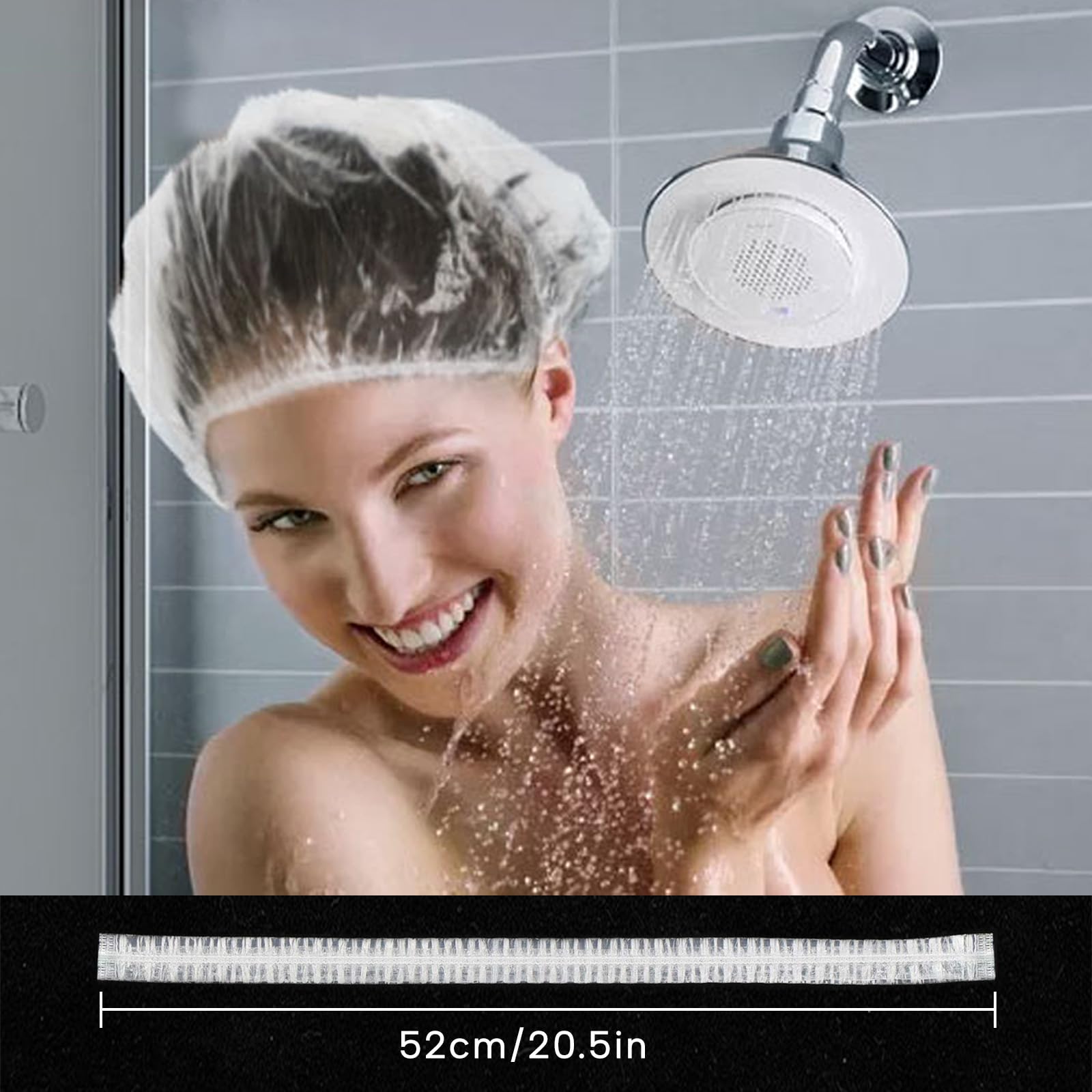 Years calm clear shower cap stretched to 20.5 inches demonstrates flexible fit for various hair lengths