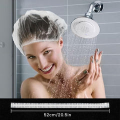 Years calm clear shower cap stretched to 20.5 inches demonstrates flexible fit for various hair lengths