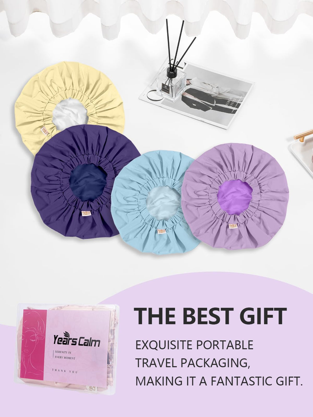 Years Calm purple shower cap adds style while protecting hair.