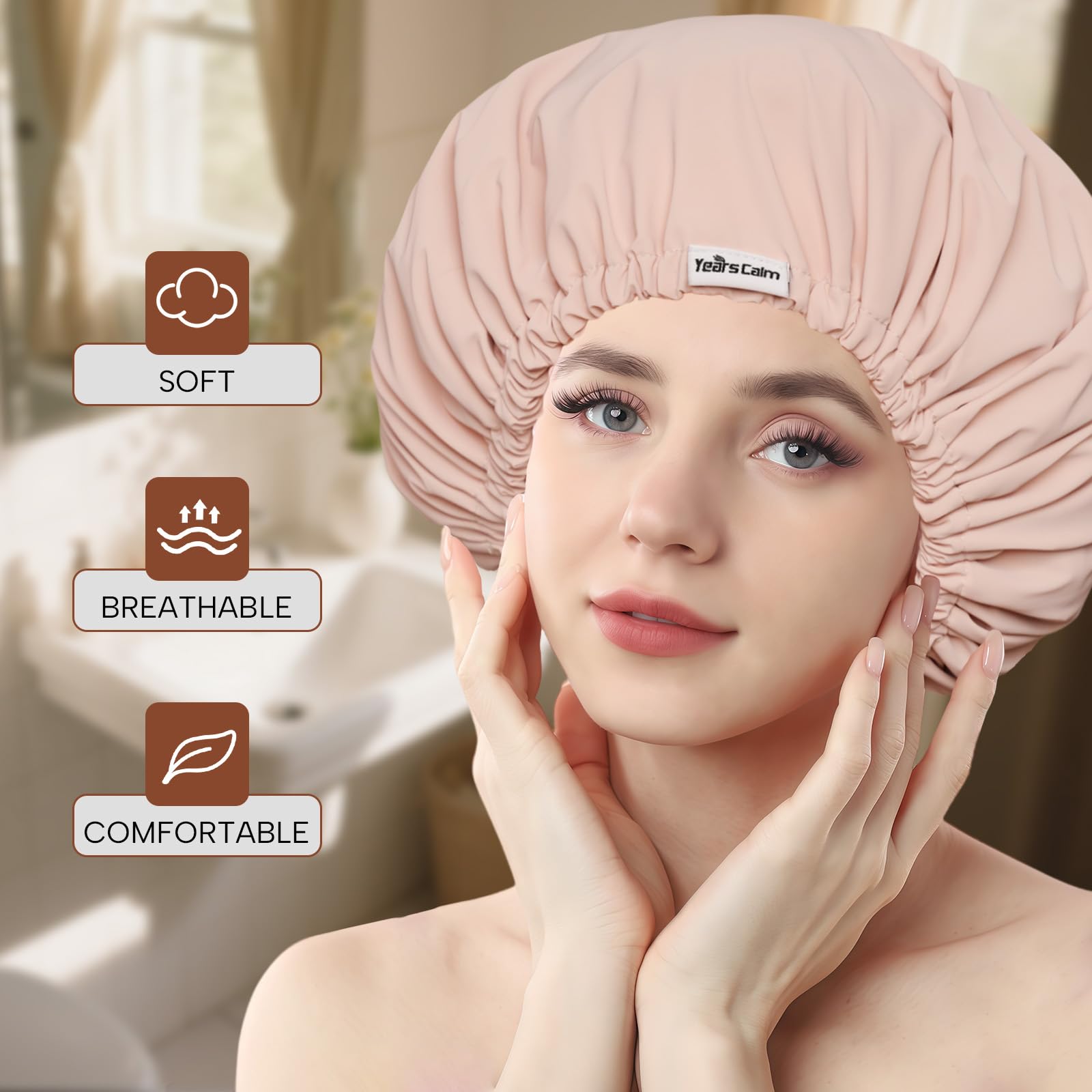 Years Calm shower cap satin inner lining protects hair from frizz and tangles