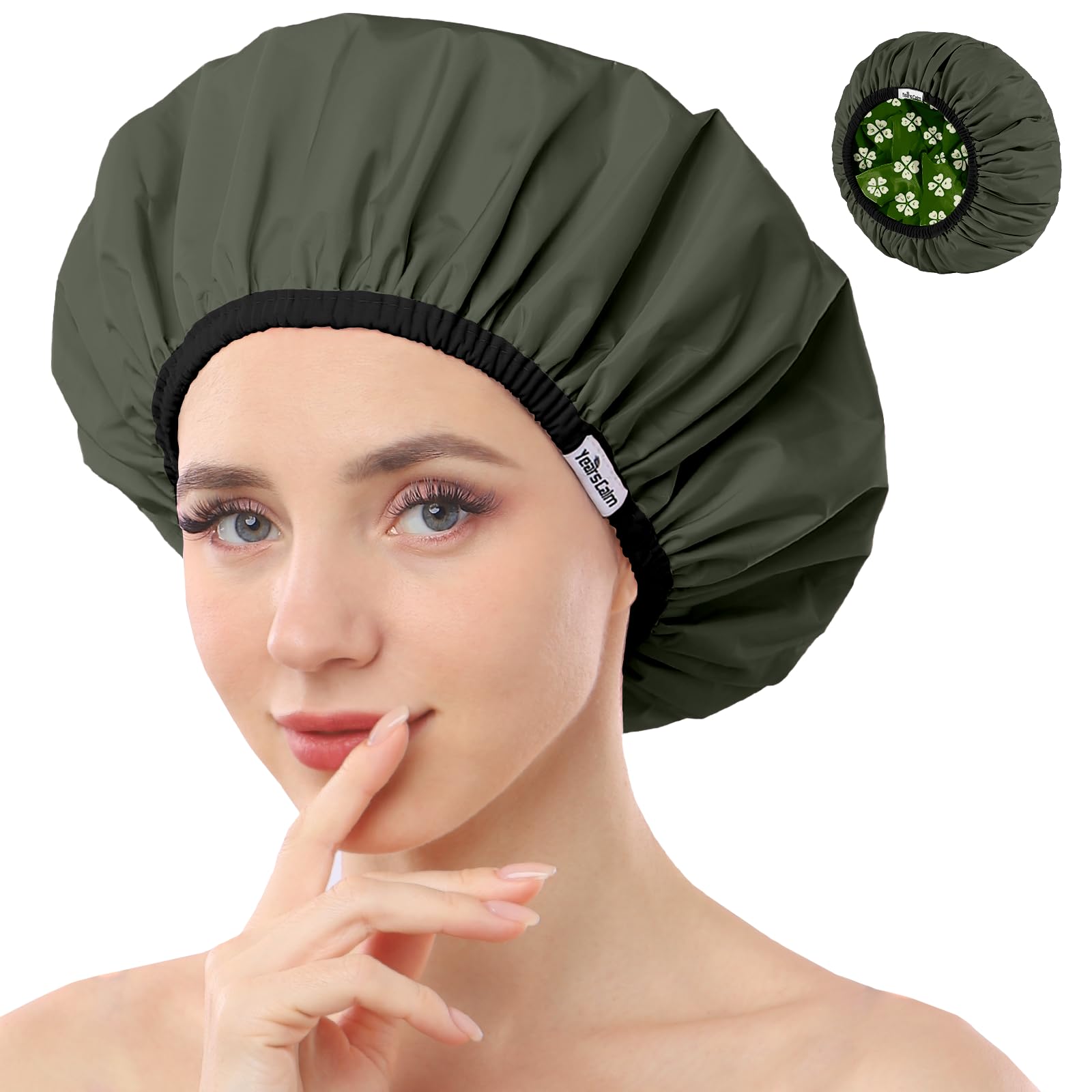 Years Calm shower cap pattern side green keeps hair protected during showers