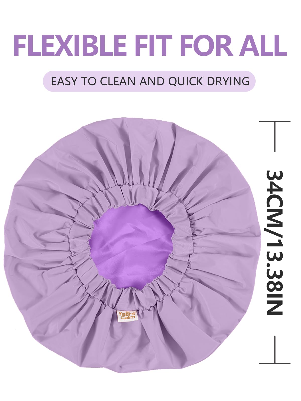 Years Calm shower cap soft satin lining provides comfortable hair contact.