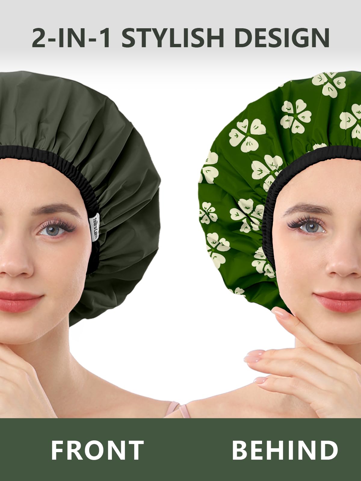 Years Calm shower cap solid green closeup highlights waterproof fabric and snug fit