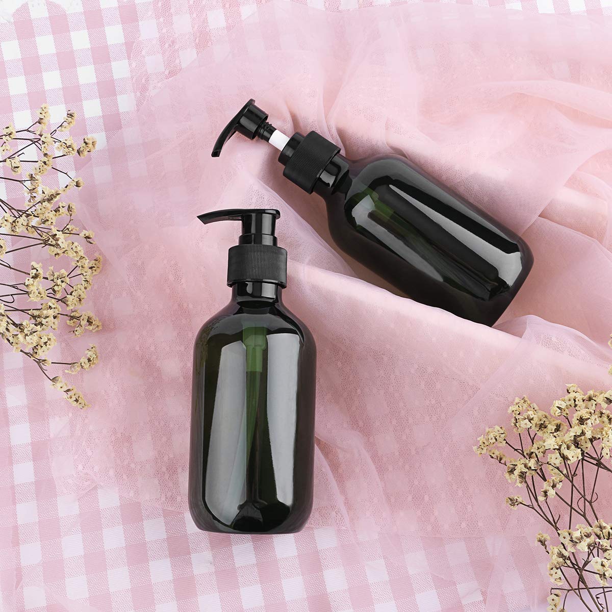 Yebeauty green 10oz compact bottle height saves counter space.