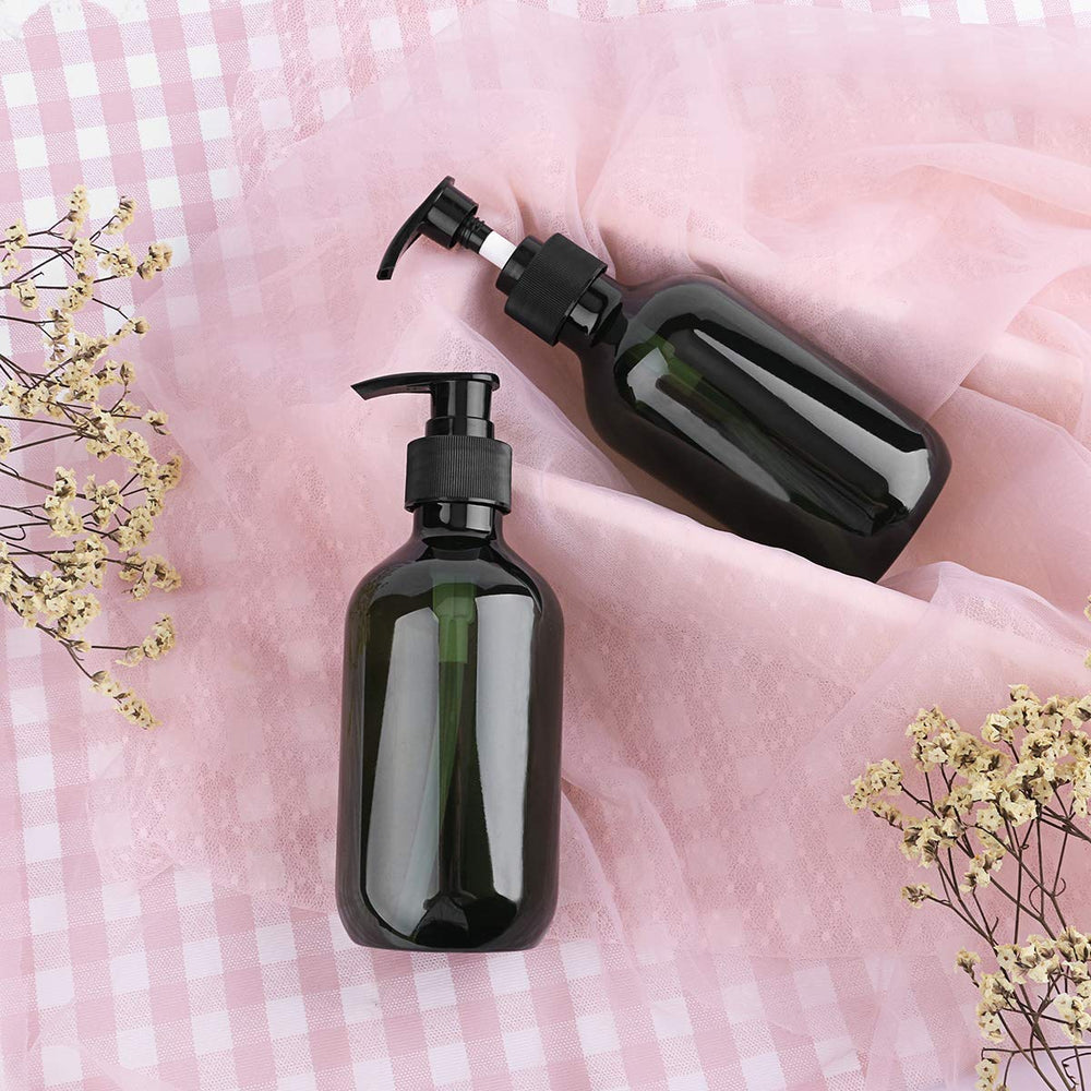 Yebeauty green 10oz compact bottle height saves counter space.