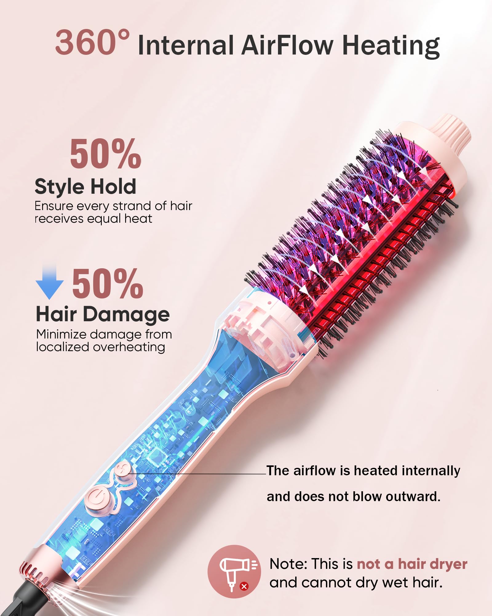 YeCheer brush showing dual ionic outlets reducing frizz during styling