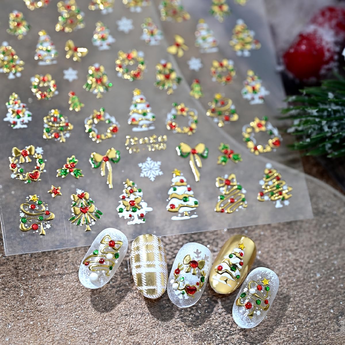 YEFIUO Christmas tree and snowflake designs for easy nail art.