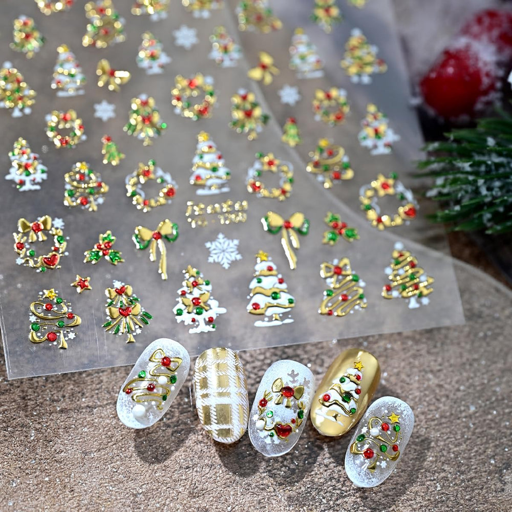 YEFIUO Christmas tree and snowflake designs for easy nail art.
