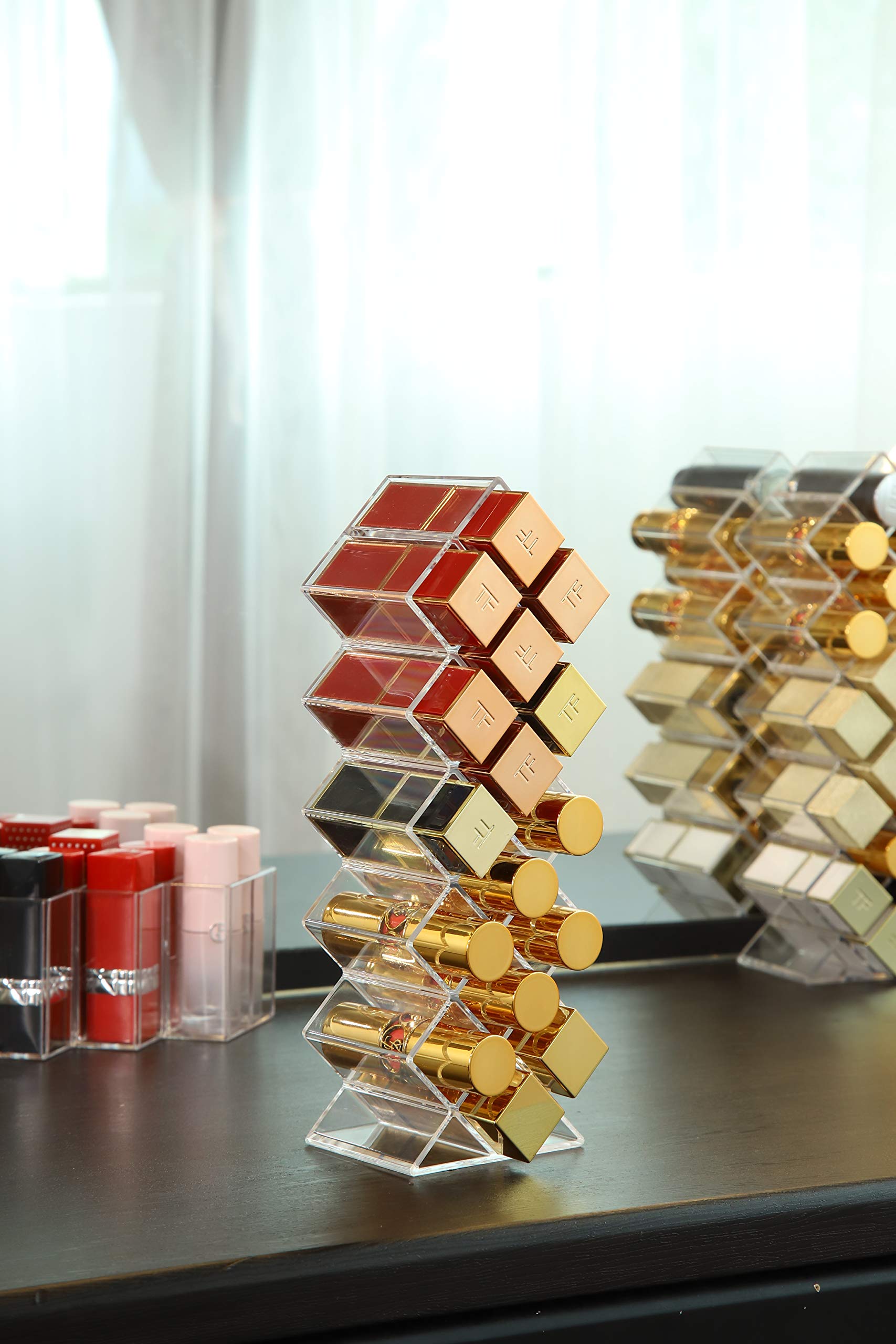 YIEZI 16-slot capacity displaying full lipstick set and lip gloss storage.