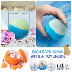 Close-up of a Yekery bath bomb revealing a surprise animal toy inside.