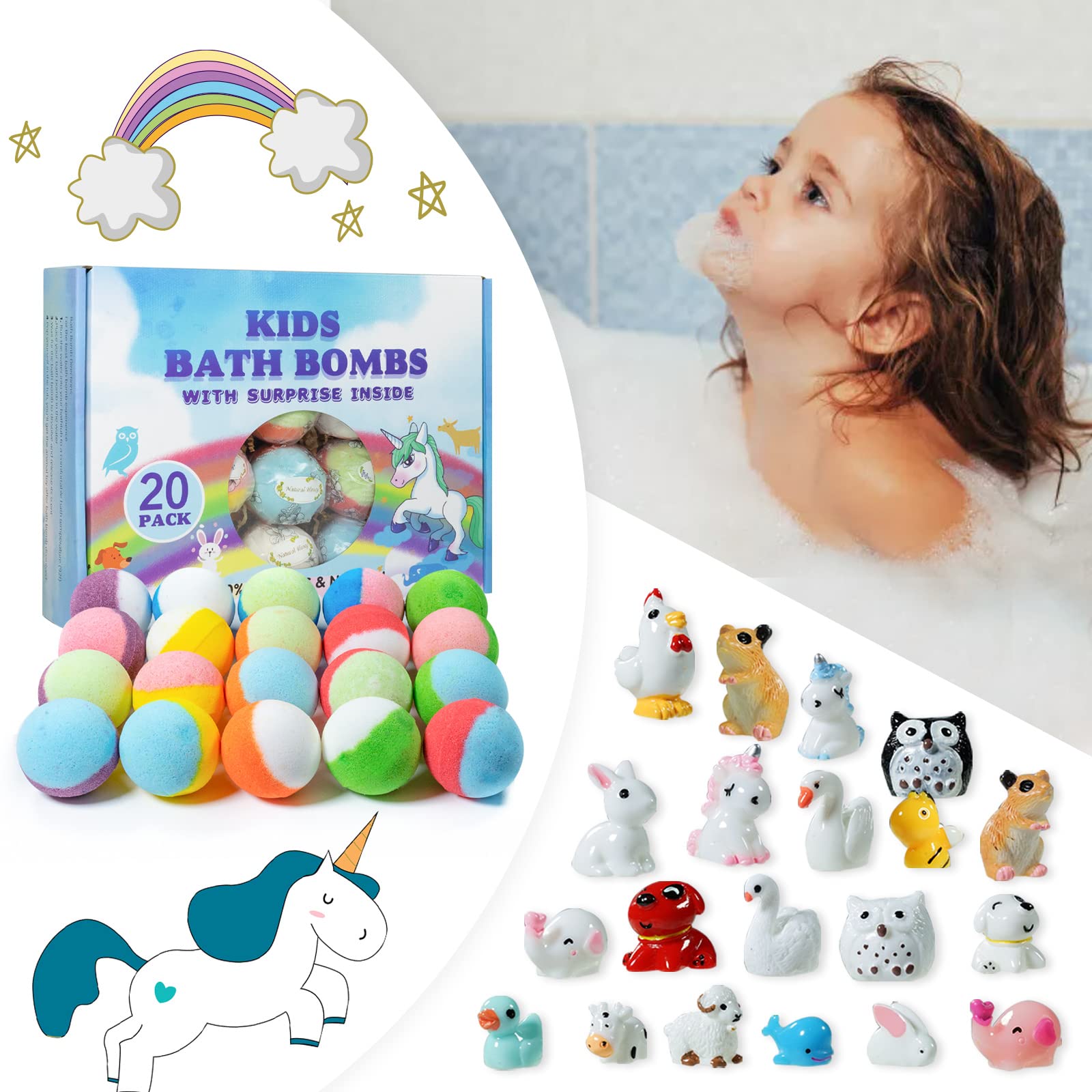 Assorted Yekery bath bombs in vibrant colors and scents for imaginative tub play.
