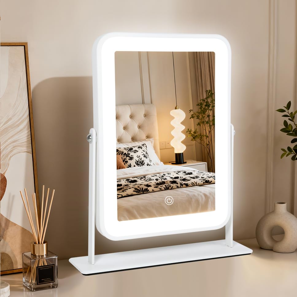 YEKKOPT small desk mirror with lights on a tidy vanity for compact setup and full-face view