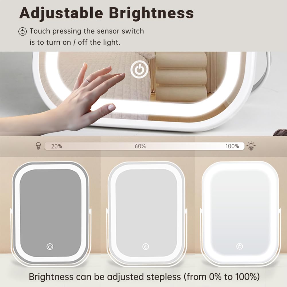 YEKKOPT travel makeup mirror rechargeable 1200mAh for cordless use anywhere